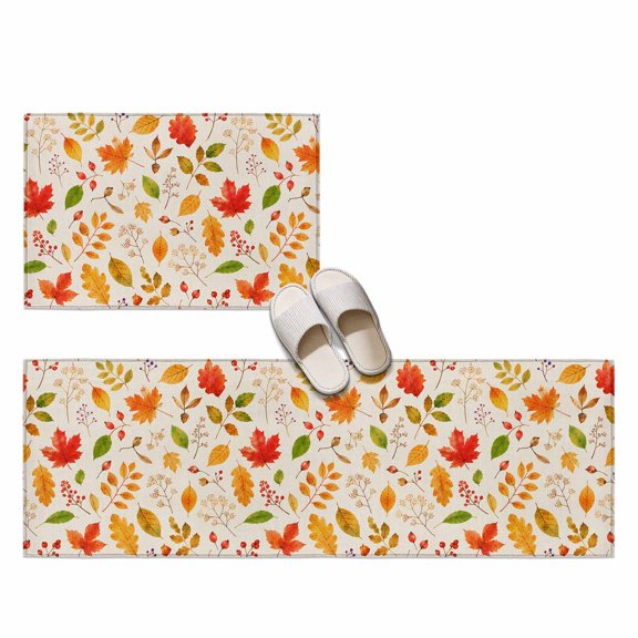 Fall Foliage 2 Pieces Non-Slip Kitchen Mat Set, Rustic Cottagecore Yellow Terracotta Maple Oak Leaves Soft Door Mat with Rubber Backing, Dirtproof Rugs for Entrance Doorway, 23.6x35.4in+23.6x70.9in