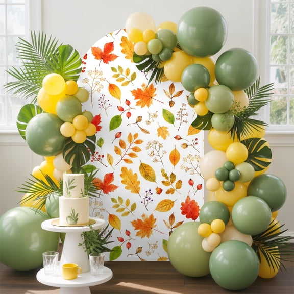 Fall Foliage Arch Backdrop Cover, 4FT, Rustic Cottagecore Terracotta Yellow Maple Oak Leaves Spandex Arch Covers Double-Sided Backdrop for Wedding Birthday Party Photo Background Decoration
