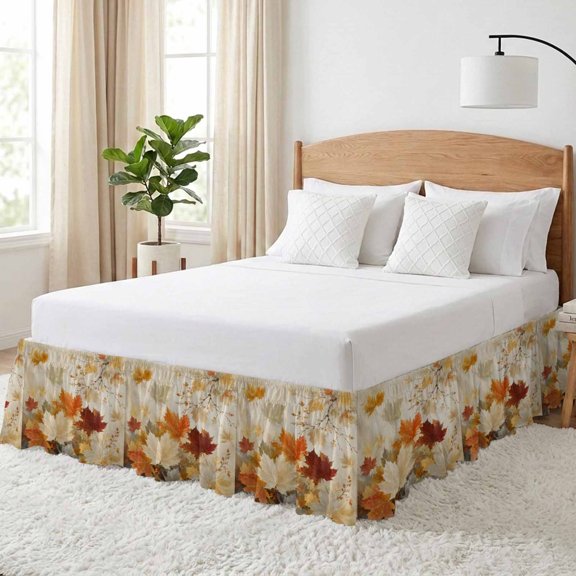 Fall Foliage Bed Skirt California King Size 18 Inch Drop, Rustic Farmhouse Orange Gold Maple Leaf Slender Twig Adjustable Elastic Dust Ruffles Bedskirt Wrap Around Pleated Mattress Frame Cover