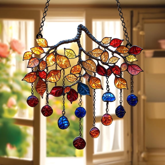 Fall Foliage Branch Acrylic Suncatcher, Rainbow Leaf Mobile Faux Stained Glass Acrylic Window Hanging, Thanksgiving Kitchen Decor Gift