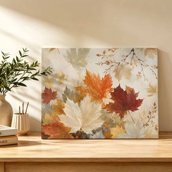 Fall Foliage Canvas Wall Art, Rustic Farmhouse Orange Gold Maple Leaf Slender Twig Wall Art Prints Artwork Framed Canvas Ready to Hang Art Pictures for Bedroom Living Room Closet Kitchen 16" x 12"