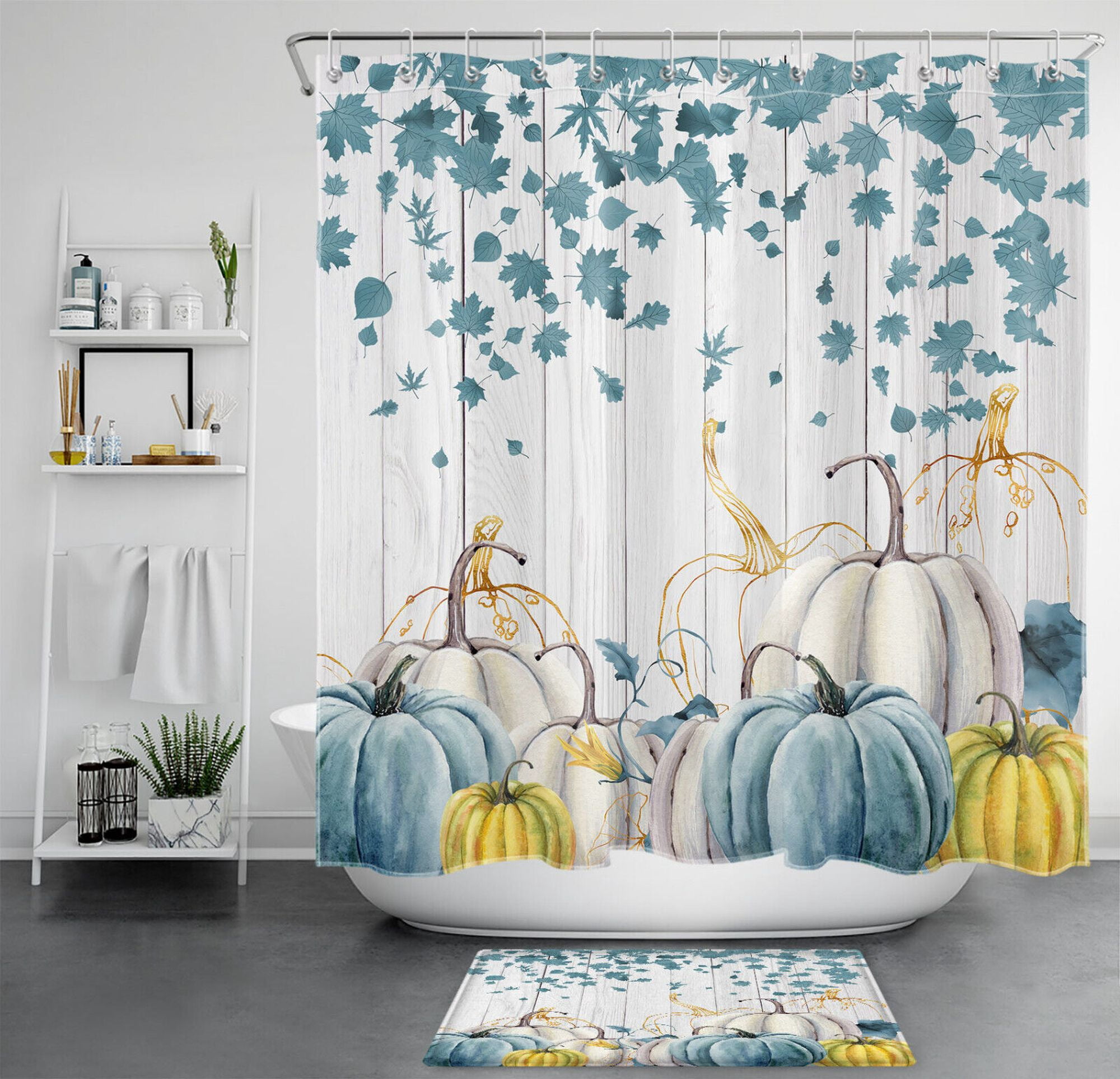 Fall Foliage Delight Rustic Harvest Shower Curtain with Pumpkins and