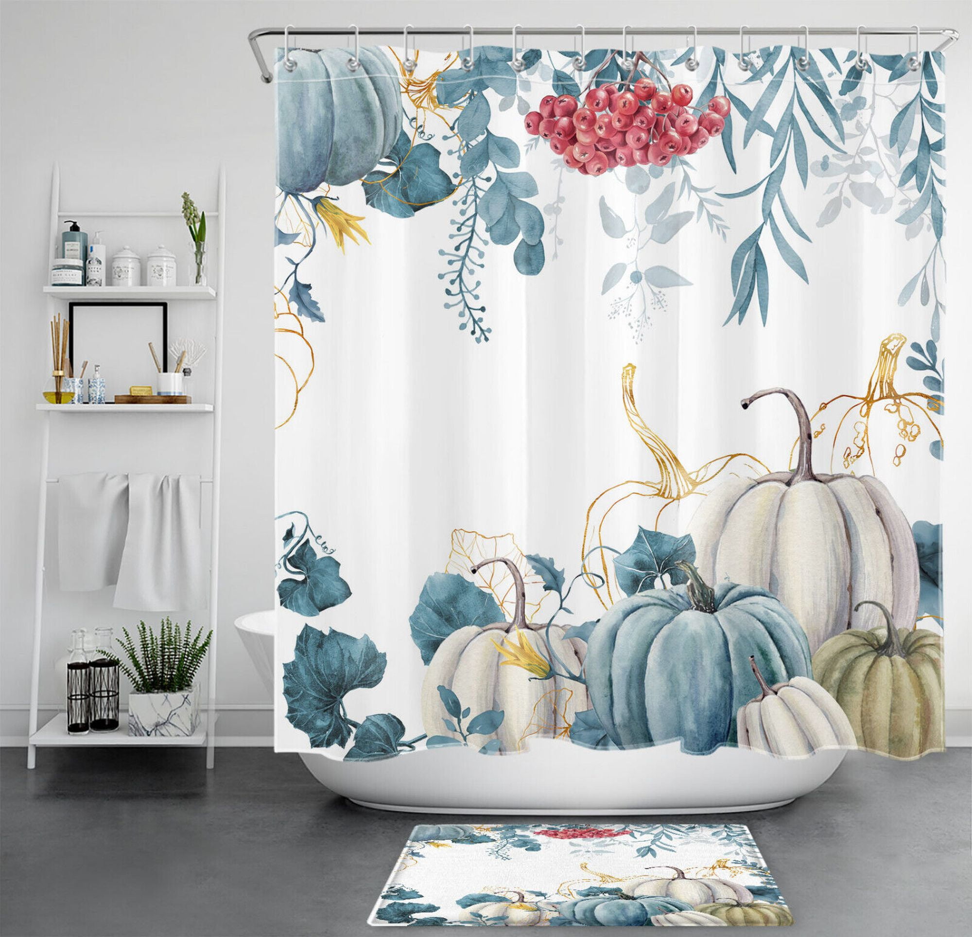 Fall Foliage Fantasy Vibrant Blue and Red Leaf Shower Curtain for a