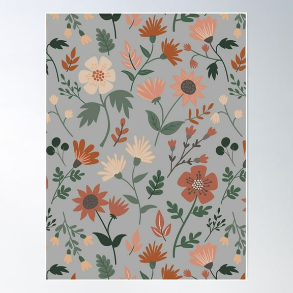 Fall Foliage Floral And Leaf Print Pink, Rust, Green Poster Wall Art, Modern Wall Decor For Living Room Bedroom, 8x12 UNFRAMED