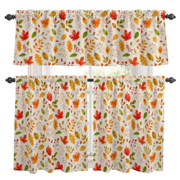 Fall Foliage Kitchen Curtains Valances 3 Piece Set, Rustic Cottagecore Yellow Terracotta Maple Oak Leaves Rod Pocket Tier Curtain and Valance Drapes for Small Window 36 Inch Length for Bedroom Cafe