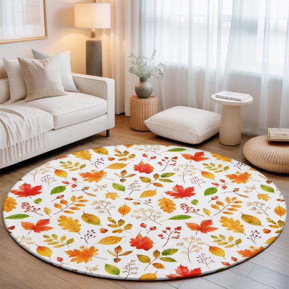 Fall Foliage Round Living Room Rugs 7 ft, Rustic Cottagecore Terracotta Yellow Maple Oak Leaves Washable Area Rug with Non-Slip Sturdy Edge Binding Round Carpet for Kitchen Office Bedroom
