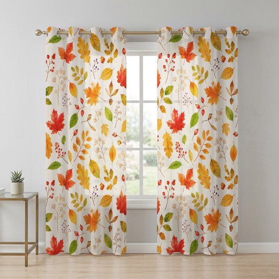 Fall Foliage Sheer Curtains 72 Inch Long 2 Panels, Rustic Cottagecore Yellow Terracotta Maple Oak Leaves Light Filtering Semi Sheer Drapes Grommet Voile Window Curtain for Living Bedroom W52 x L72