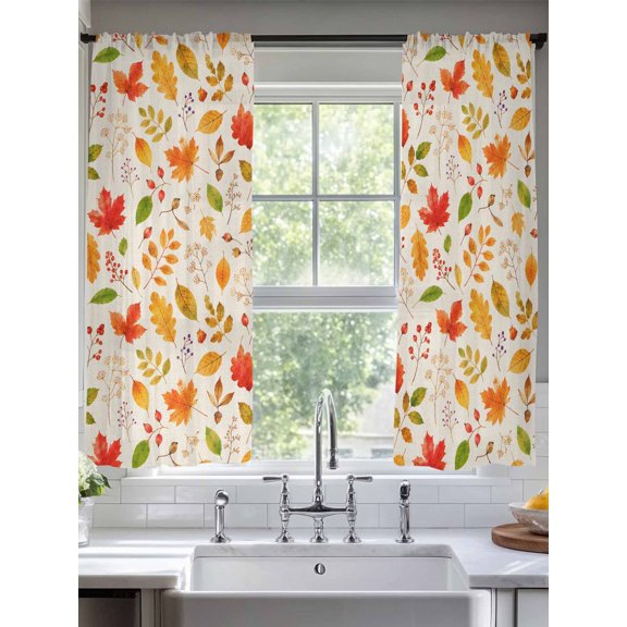 Fall Foliage Sheer Curtains 72 inches Long, Rustic Cottagecore Yellow Terracotta Maple Oak Leaves Light Filtering Sheer Window Curtains Rod Pocket Voile Drapes for Bedroom Living Room, 2 Panels