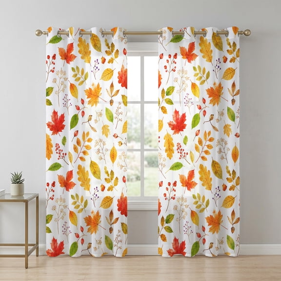 Fall Foliage Sheer Curtains 96 Inch Long 2 Panels, Rustic Cottagecore Terracotta Yellow Maple Oak Leaves Light Filtering Semi Sheer Drapes Grommet Voile Window Curtain for Living Bedroom W52 x L96