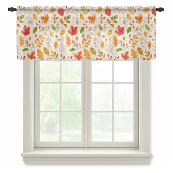 Fall Foliage Sheer Valances for Windows Rustic Cottagecore Yellow Terracotta Maple Oak Leaves Semi Sheer Kitchen Valance Rod Pocket Window Voile Curtains for Living Room Bedroom Laundry 42 x 12 Inch