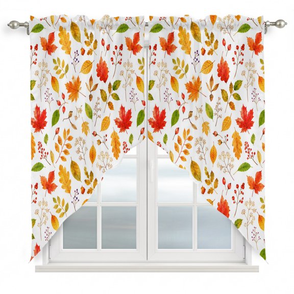 Fall Foliage Swag Curtain Valance for Windows, Rustic Cottagecore Terracotta Yellow Maple Oak Leaves Window Treatments Short Swag Topper for Kitchen Windows Bathroom Bedroom, 36"x63"