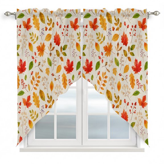 Fall Foliage Swag Curtain Valance for Windows, Rustic Cottagecore Yellow Terracotta Maple Oak Leaves Window Treatments Short Swag Topper for Kitchen Windows Bathroom Bedroom, 28"x36"