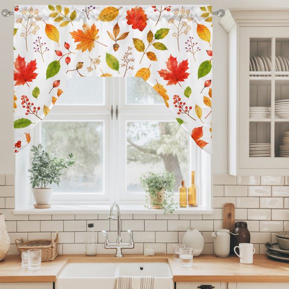 Fall Foliage Swag Valance for Windows, Rustic Cottagecore Terracotta Yellow Maple Oak Leaves Swag Curtains Valances for Small Window Treatment Rod Pocket for Kitchen Bathroom 1 Panel 56x36in