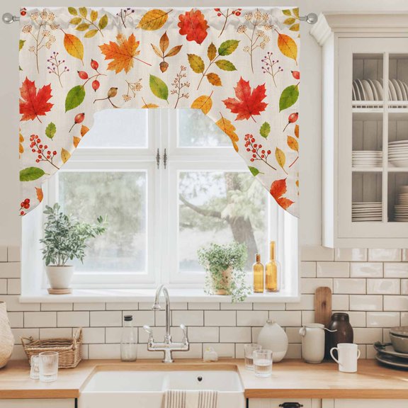 Fall Foliage Swag Valance for Windows, Rustic Cottagecore Yellow Terracotta Maple Oak Leaves Swag Curtains Valances for Small Window Treatment Rod Pocket for Kitchen Bathroom 1 Panel 56x36in