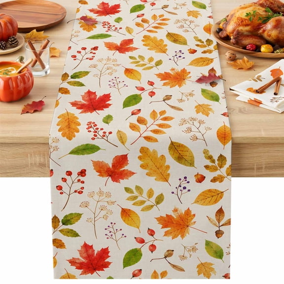 Fall Foliage Table Runner 13x108 Inch Rustic Cottagecore Yellow Terracotta Maple Oak Leaves Cotton Linen Dining Table Runner Ideal for Dresser Kitchen Coffee Tables - Machine Washable