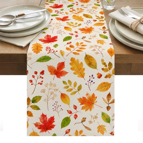 Fall Foliage Table Runner, Rustic Cottagecore Yellow Terracotta Maple Oak Leaves Washable Kitchen Table Runners for Dining Table Decorations Party/Restaurant/Indoor Outdoor Use, 13x108in