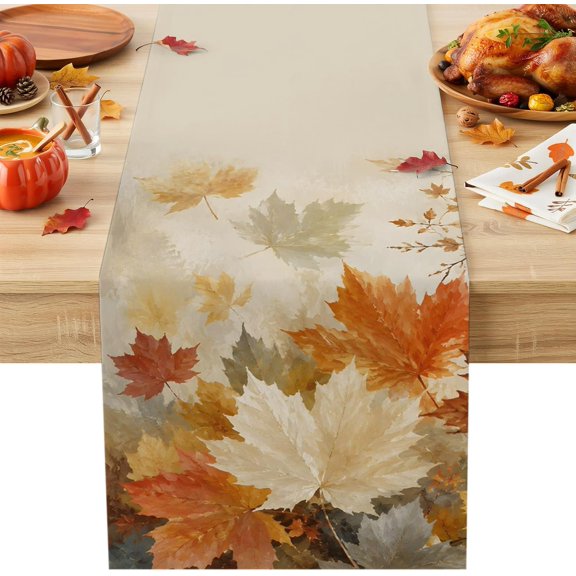 Fall Foliage Table Runner, Rustic Farmhouse Orange Gold Maple Leaf Slender Twig , Table Runner for Dining Table Decor, 13" x 48"