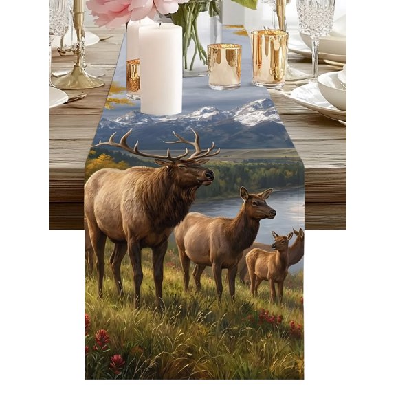 Fall Foliage Table Runners 36 Inches Long Rustic Elk Herd Mountains Animals Kitchen Dining Table Runner Dresser Scarves for Party Coffee Holiday Party Decor