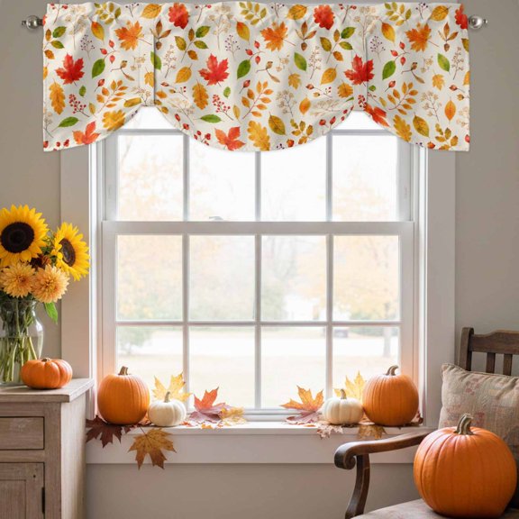 Fall Foliage Tie Up Valance for Windows, Rustic Cottagecore Yellow Terracotta Maple Oak Leaves Adjustable Rod Pocket Tie Up Valance Curtains Window Treatment for Kitchen Bathroom Bedroom 42 X 12 Inch