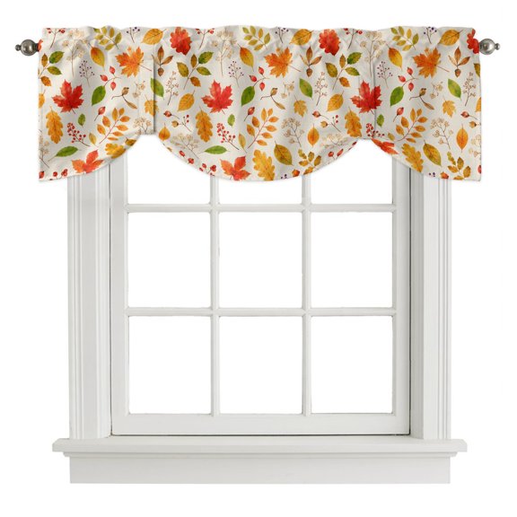 Fall Foliage Tie Up Valances Curtain, Rustic Cottagecore Yellow Terracotta Maple Oak Leaves Adjustable Valance for Window Light Filtering for Kitchen and Bathroom Rod Pocket 1 Panel 54x18in