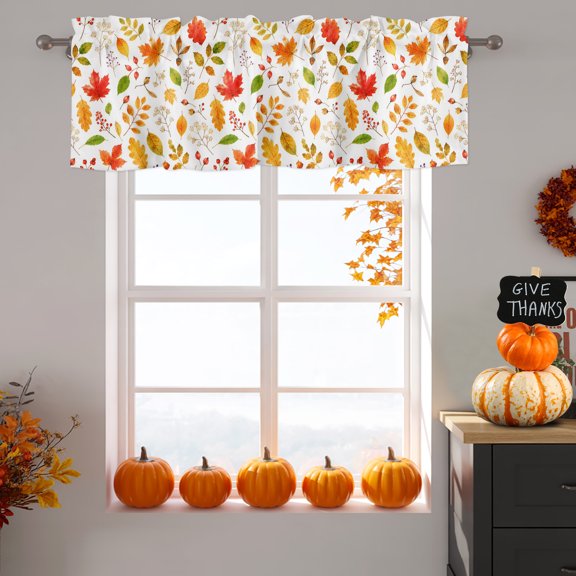 Fall Foliage Valance Curtain 1 Panel, Rustic Cottagecore Terracotta Yellow Maple Oak Leaves Kitchen Valance with Rod Pocket Window Treatment Short Curtains for Bathroom Bedroom, 42 x 18 Inches
