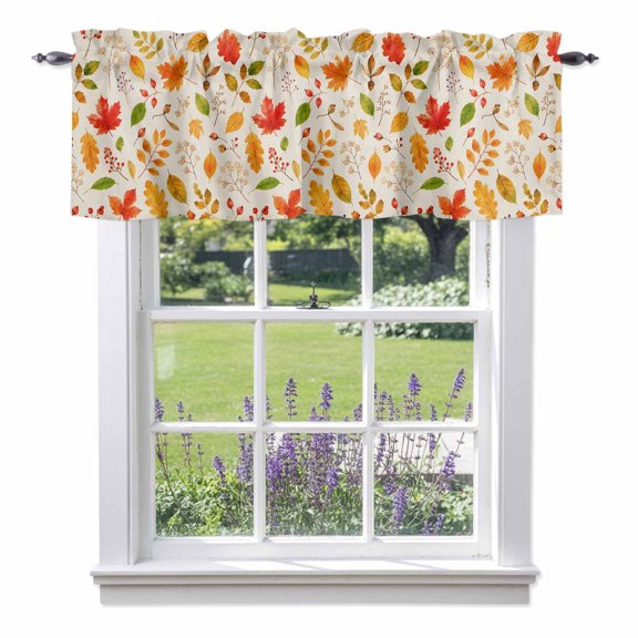 Fall Foliage Valances for Windows, Rustic Cottagecore Yellow Terracotta Maple Oak Leaves Valance Window Treatment Rod Pocket Short Curtains Valances for Kitchen Bathroom 54"W x 18"L