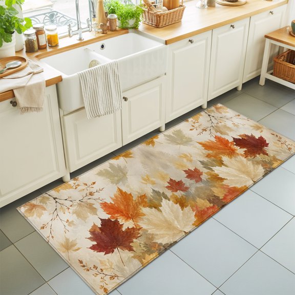 Fall Foliage Washable Runner Rugs 2'x6', Rustic Farmhouse Orange Gold Maple Leaf Slender Twig Washable Runner Rug Non-Slip Sturdy Edge Binding Carpet for Bedside Hallway Runner Kitchen Galley