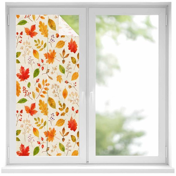 Fall Foliage Window Privacy Film, Rustic Cottagecore Yellow Terracotta Maple Oak Leaves Frosted Glass Window Clings Static Cling UV Heat Blocking Reusable Door Sticker for Bathroom 19.6 x 39.3 Inch