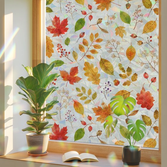 Fall Foliage Window Privacy Film, Rustic Cottagecore Yellow Terracotta Maple Oak Leaves Stained Glass Holographic Film Decorative Window Clings, Static Cling Sun Blocking Stickers 19.6" x 39.3"