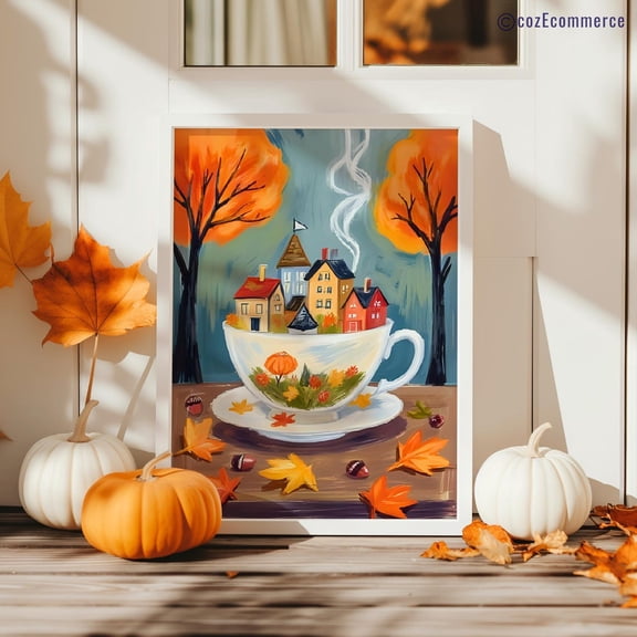 Fall Folk Art, Whimsical Fall Village In A Teacup Poster, Warm Cozy Cottagecore, Primitive Fall Foliage Poster, Rustic Fall Decor, Unframed Poster Size 8x12