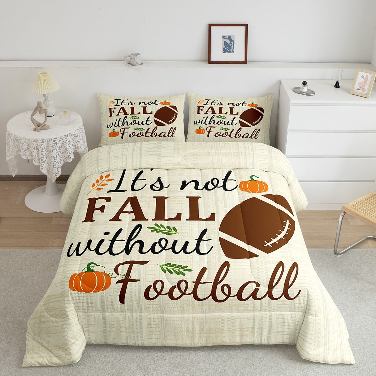 Fall Football Bedding Queen Size Rustic Farm Maple Leaf Pumpkin Comforter Set 3 Piece American Football Bedding Comforter Sets Fall Season Duvet