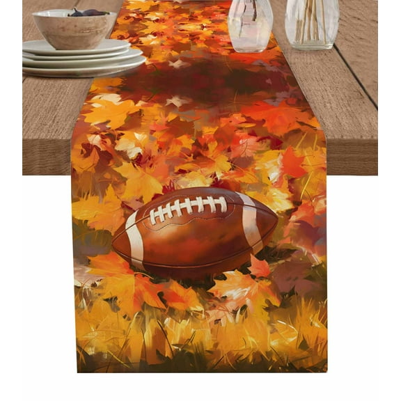 Fall Football Burlap-Cotton Table Runner 36 Inches Long,Thanksgiving Maple Leaf Orange Yellow Farmhouse Table Runners,Outdoor Dining Tablecloths Decor for Baby Shower Party Wedding 13x36
