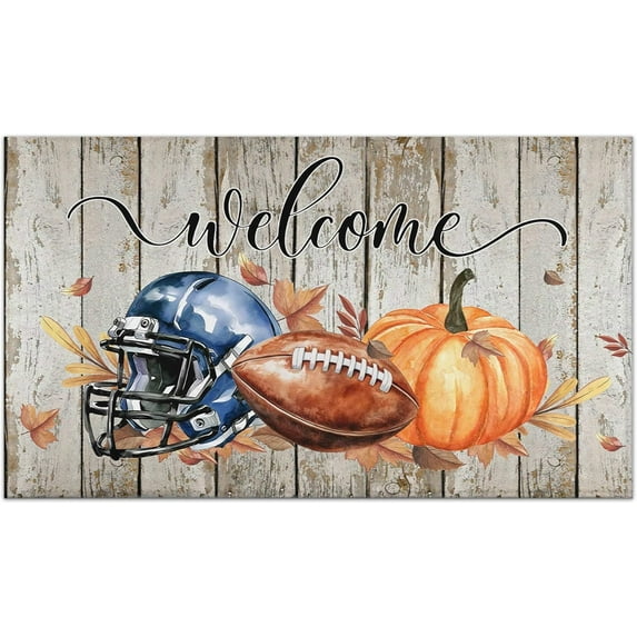 Fall Football Door Mat Outdoor Entrance Rug Non-Slip Pumpkin Front Door Mats Fall Decorations for Home Low-Profile Autumn Welcome Doormat for Indoor Outdoor Thanksgiving Decor 17"x30"