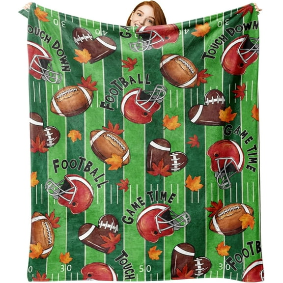 Fall Football Game Time Flannel Blanket, Autumn Sports Theme Throw Blanket Birthday Gifts for Football Lover Men Women, Touch Down Rugby Maple Leaves Soft Blanket for Bedding Sofa 50 x 60 Inch