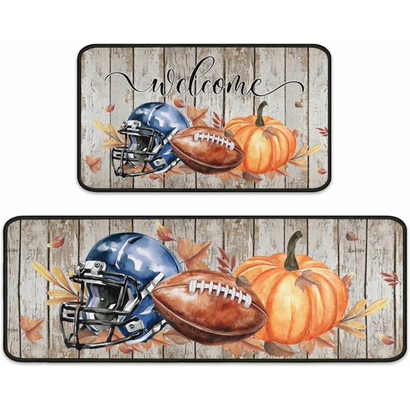 Fall Football Kitchen Rugs, Fall Decorations for Home Non-Slip Backing Autumn Pumpkin Maple Leaves Floor Mat Thanksgiving Decor Welcome Holiday Rug 17"x47.2"+17"x30"