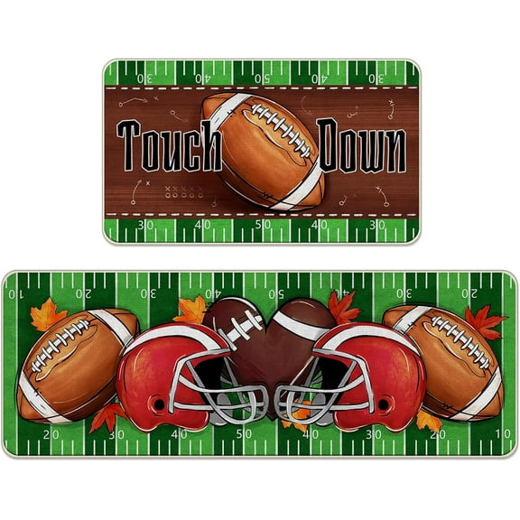Fall Football Kitchen Rugs Set of 2, Autumn Touch Down Helmet Kitchen Mats Decor, Sport Game Day Rustic Floor Door Mat Home Decorations - 17x30 and 17x47 Inch