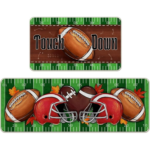 Fall Football Kitchen Rugs Set of 2, Autumn Touch Down Rugby Helmet Kitchen Mats Decor, Sport Game Day Rustic Floor Door Mat Home Decorations - 17x30 and 17x47 Inch