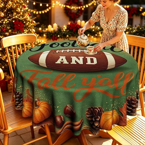 Fall Football Pattern Polyester Round Tablecloth, 35/50/60/70 inch, Family Dinner Gathering Table Decor
