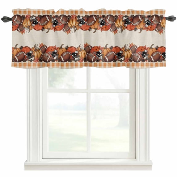 Fall Football Pumpkin Farmhouse Short Window Curtain Valances, Thanksgiving Maple Check Linen Texture Rod Pocket Kitchen Valances for Living Room Bedroom Bathroom Cafe 42" x 18"