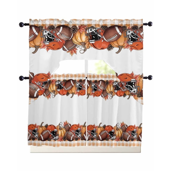 Fall Football Pumpkin Swag Curtains for Living Room/Bedroom Windows, Thanksgiving Maple Orange Check Autumn Kitchen Curtains and Valances Set 36 Inch Length, Swags Valance Curtain Panels