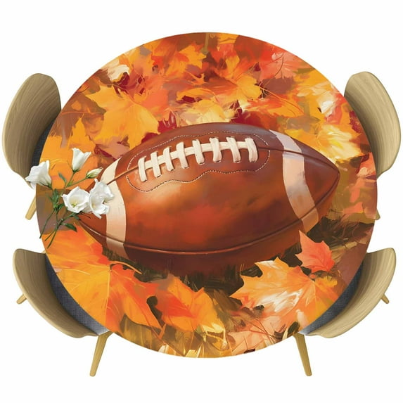 Fall Football Round Tablecloth 45-54 Inch Round Fitted Table Cloth with Elastic Edge, Thanksgiving Maple Leaf Orange Yellow Waterproof Table Cover Protector for Outdoor Picnic Party Dining