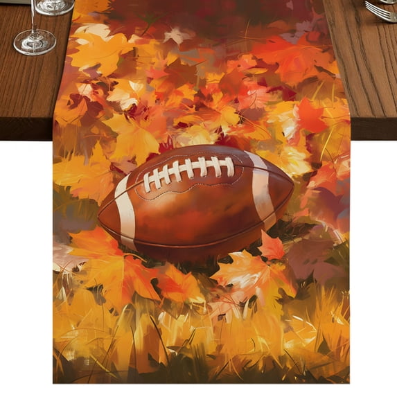 Fall Football Table Runner 72 Inches Long, Cotton Linen Table Runner Dresser Scarf, Thanksgiving Maple Leaf Orange Yellow Fabric Tablerunners for Dining Coffee Tables Wedding Holiday Party 13"x72"