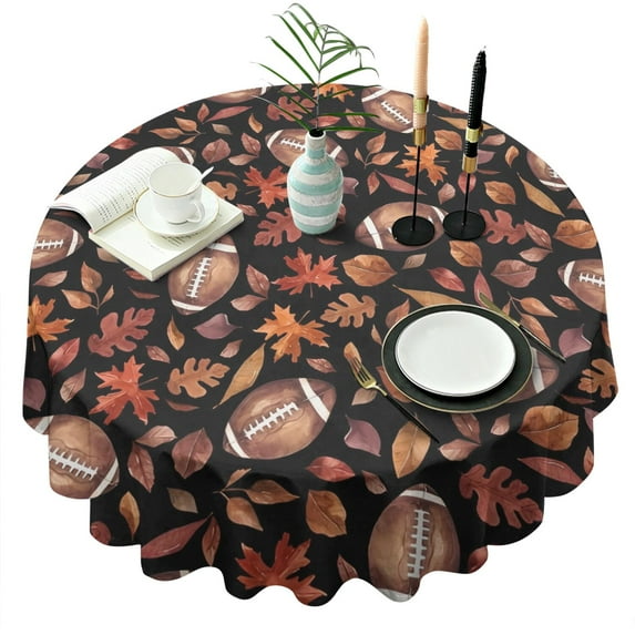 Fall Football and Autumn Leaves Pattern Round Tablecloth 60" X 60",Wrinkle Wipeable Table Cloth for Kitchen Dining Room Picnic Patio Party