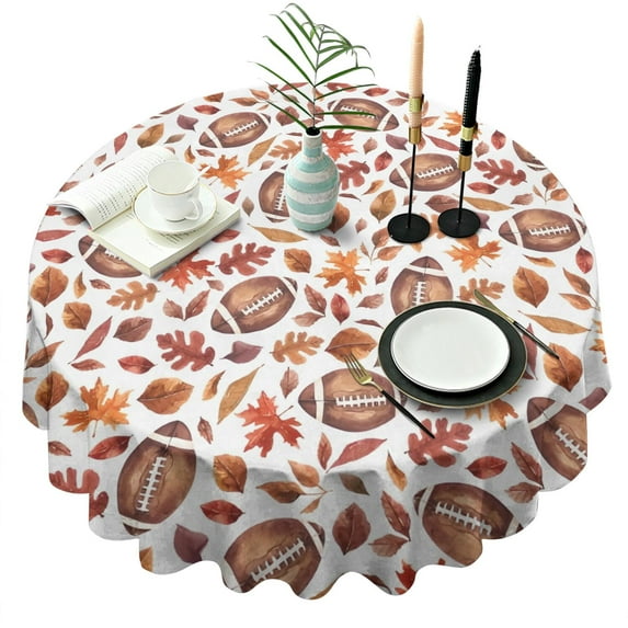 Fall Footballs and Autumn Leaves Pattern Round Tablecloth 60" X 60",Wrinkle Wipeable Table Cloth for Kitchen Dining Room Picnic Patio Party