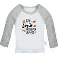 thumbnail image 1 of Fall For Jesus He Never Leaves Funny T shirt For Baby, Newborn Babies T-shirts, Infant Tops, 0-24M Kids Graphic Tees Clothing (Long Gray Raglan T-shirt, 18-24 Months), 1 of 4