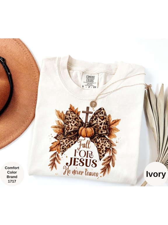 Fall For Jesus He Never Leaves Shirt, Christian Leopard Autumn Tee