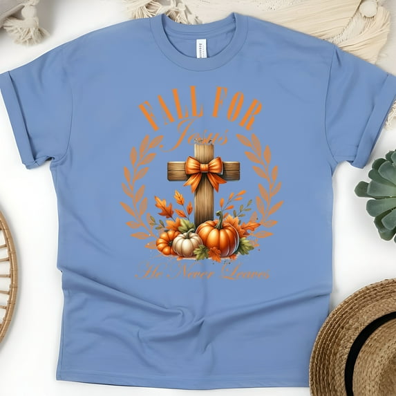 Fall For Jesus Tee | Christian Pumpkin Fall Shirt | Unisex Casual T-Shirt, CarolinaBlue, Size XL