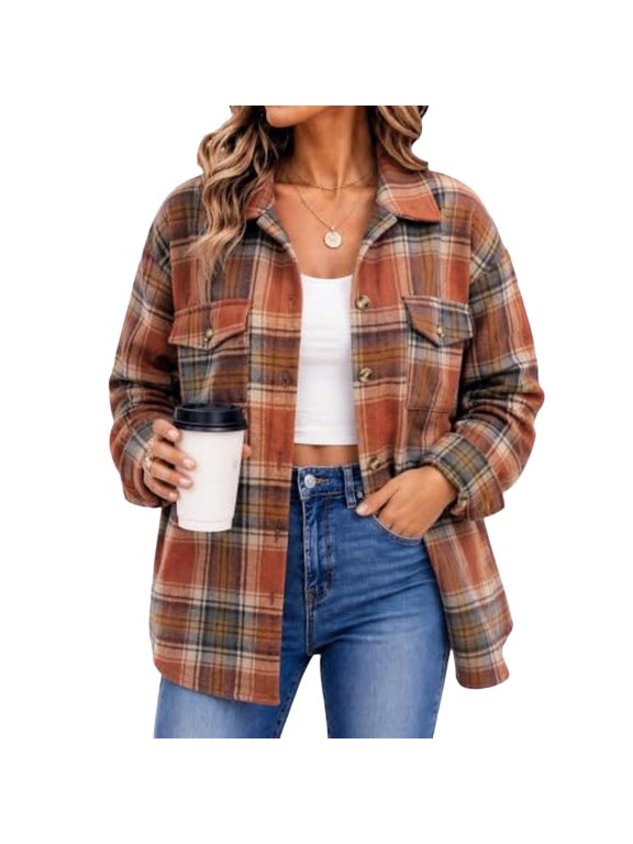 Fall For Women Shacket Jacket Plaid Long Sleeve Button Down Shirt Coat Tops,L