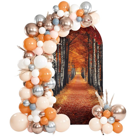 Fall Forest Arch Backdrop Cover 4 FT, Autumn Fallen Leaves Trails Orange Landscape Wedding Arch Cover Stretchy Backdrop Stands Covers for Birthday Party Ceremony Banquet Decor