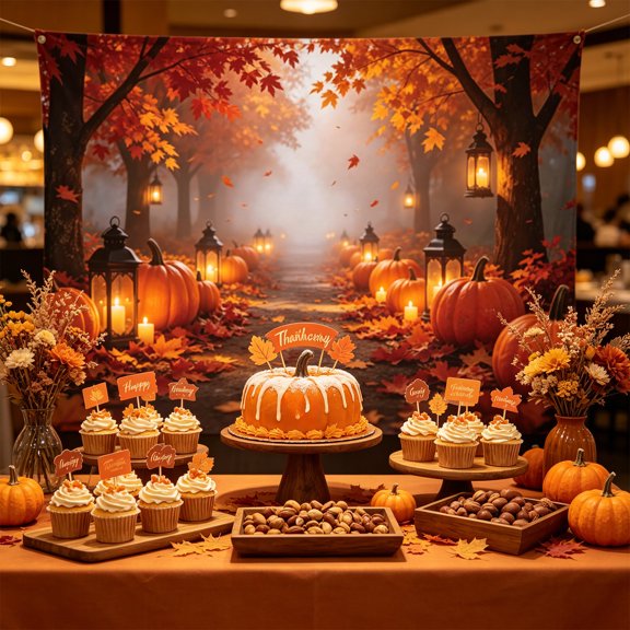 Fall Forest Backdrop Banner, Autumn Pumpkin Maple Leaf Photography Background, Summer Harvest Party Decor for Thanksgiving Photo Booth/Birthday/Backyard Gathering/Holiday Event Decoration, B